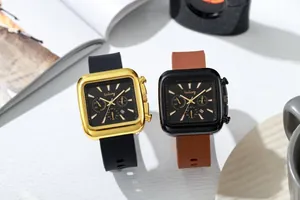 Close-up of square chronograph watches with silicone straps and functional sub-dials