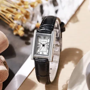 Vintage rectangular quartz watch with silver sunray dial and black leather strap