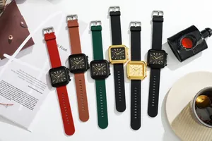 Detailed view of six square chronograph watches with colorful silicone straps and sub-dials