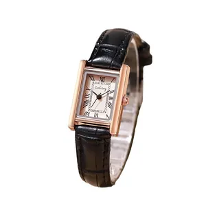 Retro rectangle quartz watch for women with rose gold case and black leather strap