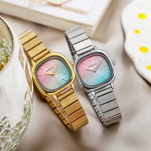 Elegant square women watch with gradient dial and textured steel strap for daily style
