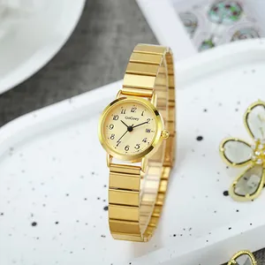 Montre à Quartz pour Femme Boîtier Rond en Alliage Bracelet en Acier Chiffres Arabes Affichage Date Vintage Montre-bracelet
