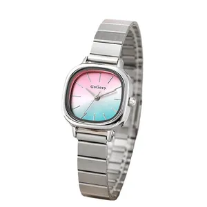 Minimalist square silver steel watch for women featuring a pink-blue gradient dial