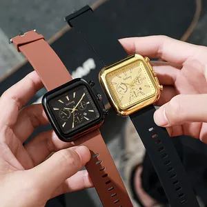 Fashionable square dial watches with silicone straps and calendar display for men and women