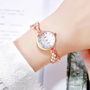 Elegant rose gold quartz watch for women with rhinestone chain strap and pearl dial