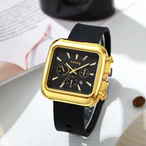 Fashion square quartz watch for men and women with gold case, black dial and rubber strap
