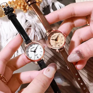 Elegant women's quartz watches with slim leather straps in black and brown rose gold cases