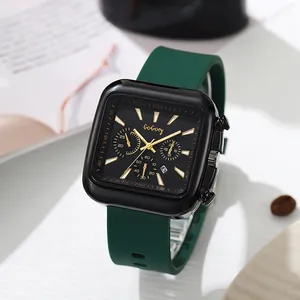 Fashionable square quartz watch with a green silicone strap and luxury black dial face