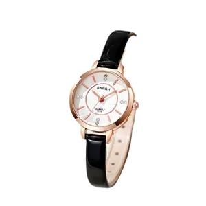Elegant women's quartz watch with rose gold case, white dial and black leather strap