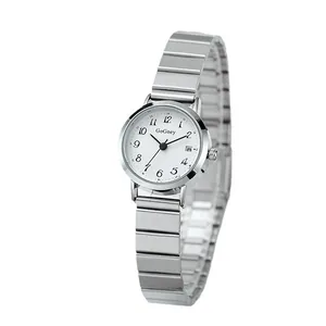 Montre quartz en acier argenté pour femme avec cadran blanc rond et guichet de date