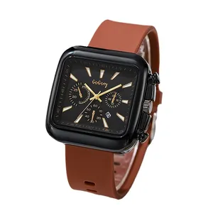 Square fashion watch with black dial, golden markers, and brown silicone strap for men