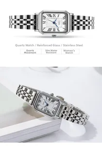 Detail van rechthoekig GEDI zilveren horloge met Romeinse cijfers en stalen armband