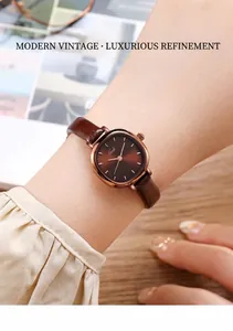 Close-up of a retro women's quartz watch with brown leather strap and rose gold case
