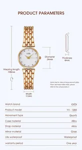Detailed size chart for golden quartz watch showing 24mm case diameter and band length