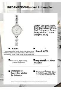 Detailed specs of the vintage alloy quartz watch showing 31mm dial and 20cm bracelet