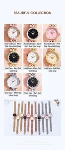 Multiple styles of minimalist women quartz watches with metal mesh bands and crystal markers