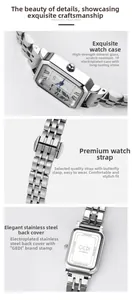 Macro-opname van vierkant stalen horloge met IP-plating en mineraalglas details