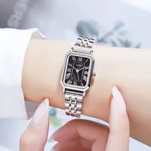 Elegant vintage vierkant dameshorloge van roestvrij staal met zwarte Romeinse wijzerplaat