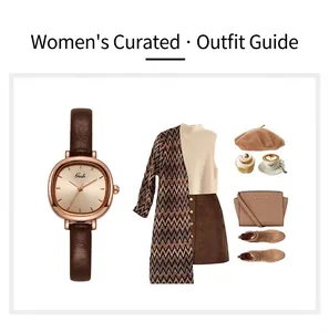 Minimalist women's quartz watch with brown leather strap and rose gold dial shown in lifestyle