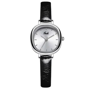 Minimalistische Damen-Quarzuhr mit schwarzem Lederarmband und silbernem Gehäuse