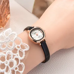 Reloj de cuarzo vintage para mujer con correa de cuero negro y caja rectangular de oro rosa