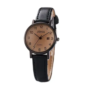 Montre à quartz élégante pour femme avec grands chiffres, bracelet cuir et dateur utile