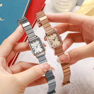 Elegant rectangular women's quartz watches with metal strap in silver and rose gold