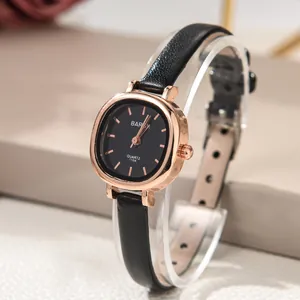 Reloj de cuarzo elegante para mujer con esfera ovalada negra y caja de oro rosa con correa