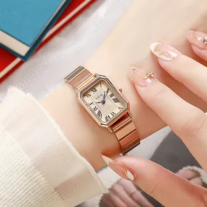 Elegant rose gold rectangular women watch with vintage Roman numerals and metal strap