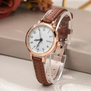 Elegant women's quartz watch with rose gold case, white dial and brown leather strap