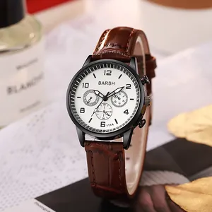 Barsh men's business quartz watch with white dial, brown leather strap, and black case