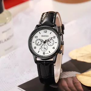Detail of BARSH watch with leather strap, triple sub-dials and date display