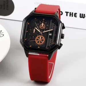 Octagonal black watch with red silicone strap and decorative sub-dials for men