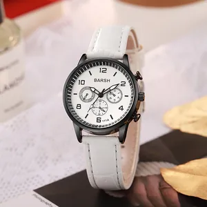 Detailed macro view of white crocodile pattern leather strap and multi-dial watch face