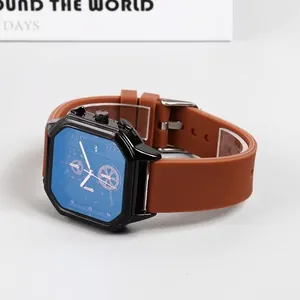 Macro detail of industrial style men's watch with blue dial and brown silicone strap
