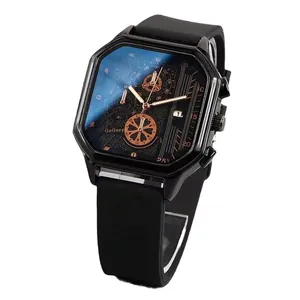 Octagonal black metal quartz watch for men with blue-coated dial and silicone strap