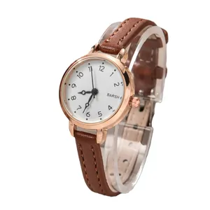 Fashion women's quartz watch with rose gold case and brown leather strap on white dial