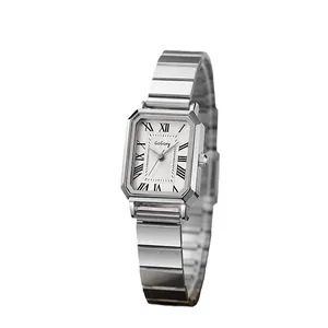 Women's silver square quartz watch with stainless steel band and roman numeral dial