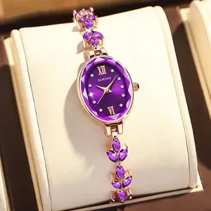 Women Fashion Oval Quartz Bracelet Watch Elegant Leaf Shape Alloy Band Rhinestone Inlaid Luxurious Rose Gold Wristwatch For Lady