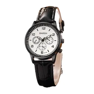 Classic BARSH quartz watch with white dial, black leather strap, and three sub-dials