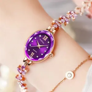 Fashionable rose gold women's watch with purple oval dial and floral crystal bracelet