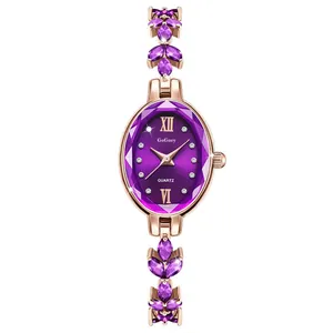 Elegant rose gold oval watch with purple sunburst dial and gemstone bracelet for women