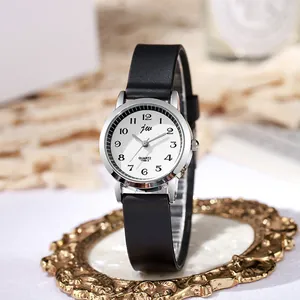 Close-up of quartz watch with white dial, black Arabic numerals, and silicone strap