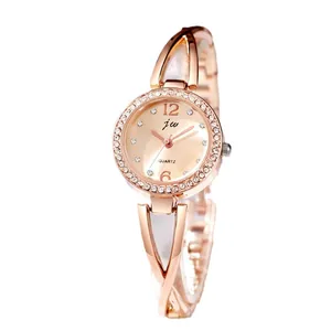 Elegant rose gold women's watch with rhinestone bezel and openwork bracelet strap