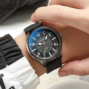 Men's fashion quartz watch with large black dial and sport silicone strap on wrist