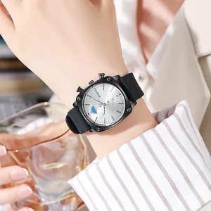 Men's fashion square quartz watch with multifunctional silver dial and black rubber strap