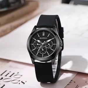 Macro view of multi-functional black quartz watch with three sub-dials and silicone strap