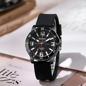 Detail view of BARSH 8248 sports watch with black dial and luminous hands on silicone strap