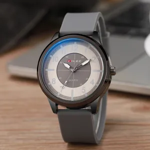 Detail of the Vikec quartz watch showing the layered black case and silicone strap texture