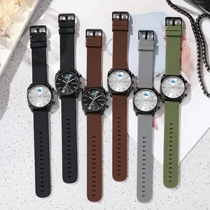 Collection of men's square quartz watches with colorful silicone straps and moon phase dials
